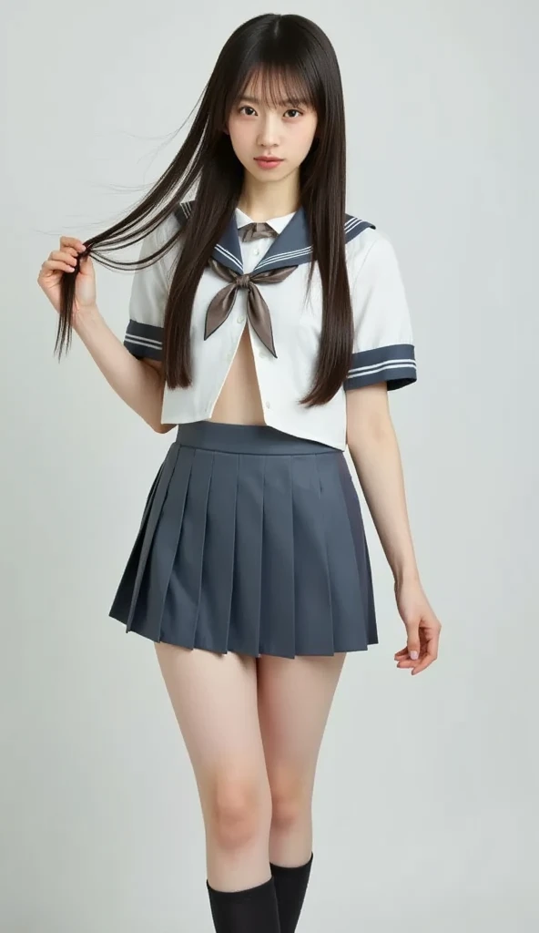 8k UHD、Digital single-lens reflex camera、High resolution、shallow depth of field、Natural light、(((sailor suit)))、(((Dark blue super mini skirt)))、(((full body shot)))、small person、(((young face)))、1 Japanese girl、16 years old; beautiful girl、(black hair)、(((brown eyes)))、Glossy skin、smooth thin hair、long hair、detailed background、highly detailed eyes and face、clear eyes、cute smile、Calm atmosphere、(((climb the stairs)))、(((detailed small breasts)))、(((beautiful eyes)))、petya pie、children `s、(((tight thighs)))、(((white panties)))、(((angle from below) ))、(((detailed lips)))、(((The skirt is fluttering)))、beautiful shining legs、((nsfw))