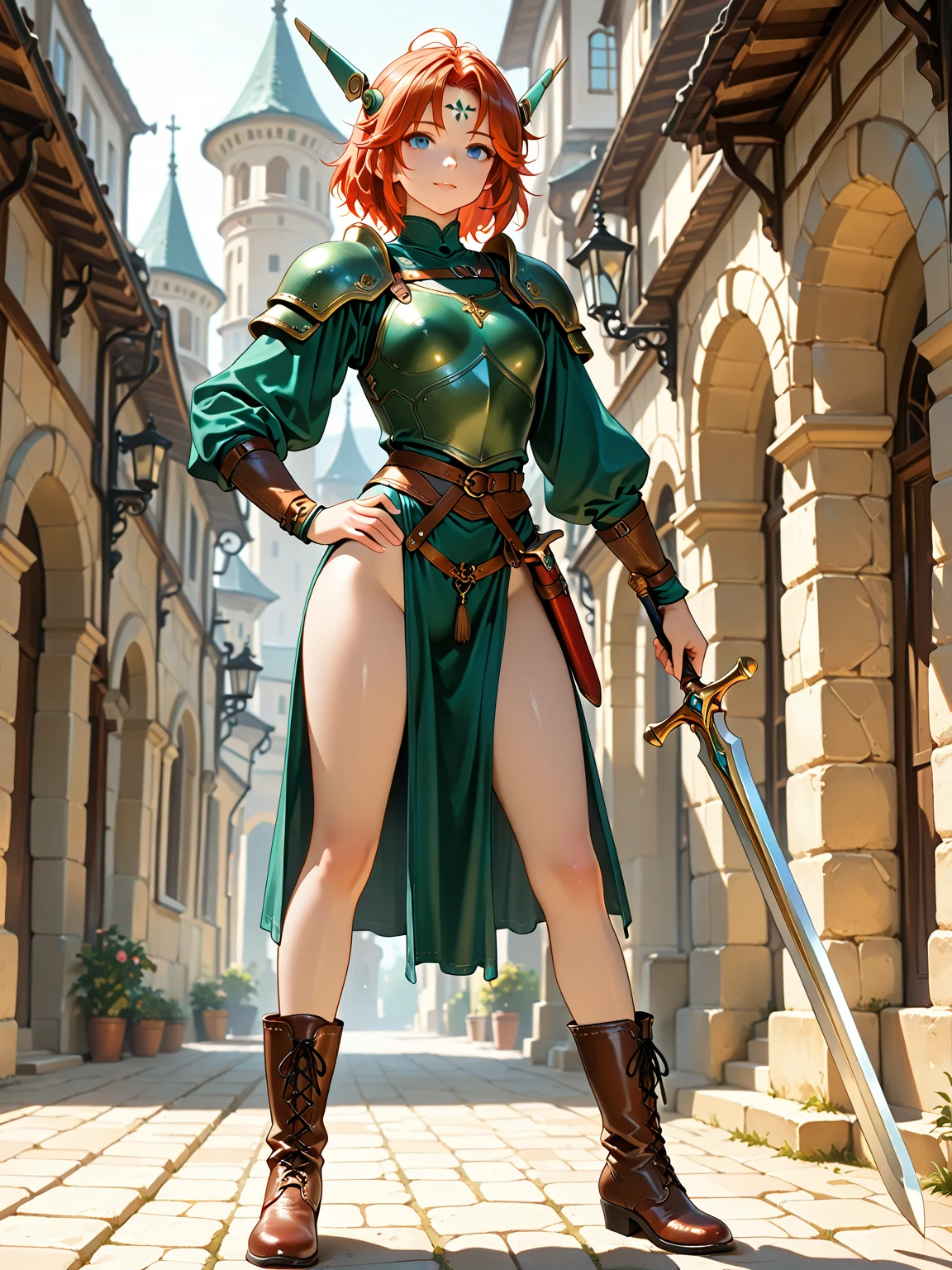 a girl, warrior, redhead, short hair, bright green eyes, beautiful breasts, hair between eyes, bangs, full body, confident, heroic posture, smiling, medieval soldier leather armor, cape, fantasy, medieval ruin
