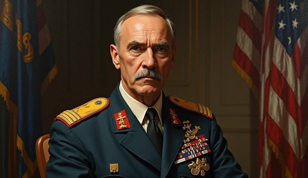 ( <lora:PeterCushingOld:.8>) close up  Portrait photo of (pco1) man with short hair, Detailed face, (perfect green eyes), (realistic matte skin:1.1), perfect body, wearing  ((Naval officer Dress uniform with gold accents, peaked cap, medals)), Modelshoot style, Professional Photography, soft  lighting, PHOTOREALISTIC, Realistic, standing in dark studio background, blurred background, volumetric fog,. RAW, analog style, sharp focus, 8k, HD, DSLR, high quality, Fujifilm XT3, film grain, award winning, masterpiece,