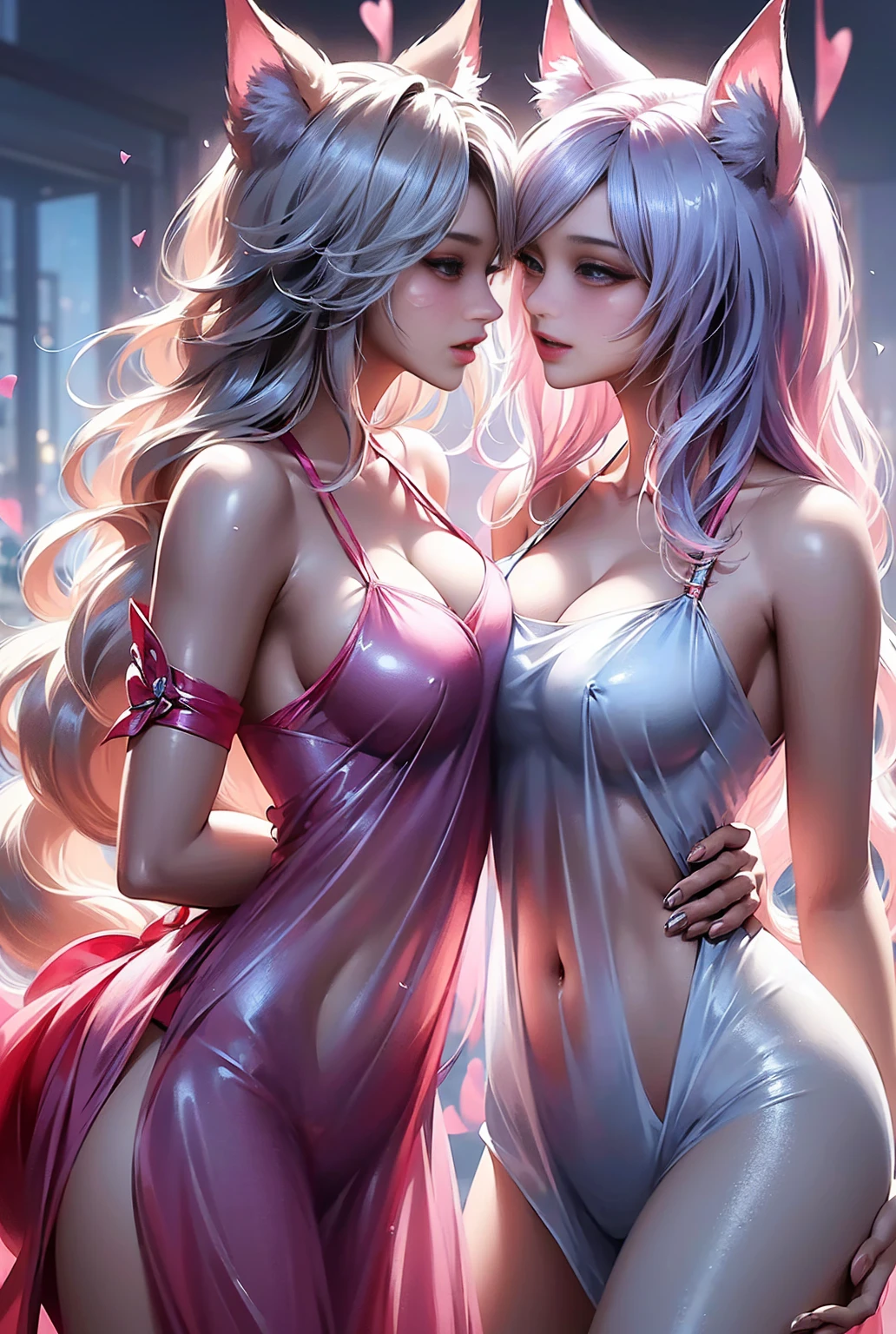 Best quality,Amazing,Masterpiece,Delicate,超高分辨率,Ultra detailed,intricately details,Beautiful detailed,8K resolution,(Extremely detailed Cg Unity 8K wallpaper),Sharp focus,((No text)),breast conscious,Huge bare breasts,Areola bareness,Bare breasts explode,Lively bare breasts,Bare breasts,High transparency and transparency of bikini tearing,,Tongue stock,Makeup,cheerfulness,Reflectors,ahegao,Pink eyes,Heart earrings,2girls,Female pervert,view the viewer,hair flower,Long hair,multicolored hair,Shiny hair,Barefoot,Bottomless,Thick thighs,Bare legs,Look at each other from the front、((Feminine kiss))、(((French kiss for women)))、Women hugging each other,As if pushing each other、Staring at each other、Moist eyes、half-open lips、Beautiful、Red blush(0.2)、Functional、seductiv、Trance、instigate、Beauty、bustup、Shunguang、、Shoot diagonally down from the front、precise drawing、Detailed drawing、Precise anatomy、