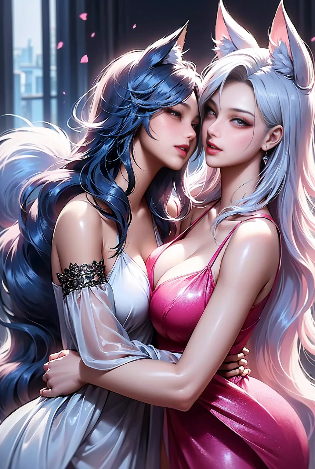 A realistic masterpiece showcasing the beauty of two curvy girls, with mesmerizing blue eyes and platinum hair. One girl wears a tank top adorned with intricate jewelry, including earrings and a necklace, while the other opts for a bandana and a ponytail. Their piercing blue eyes are enhanced with elegant makeup, complementing the tattoos that peek out from their exposed shoulders. Created using traditional media, the painting captures their captivating smiles, but as the saying goes, "never trust a big butt and a smile."