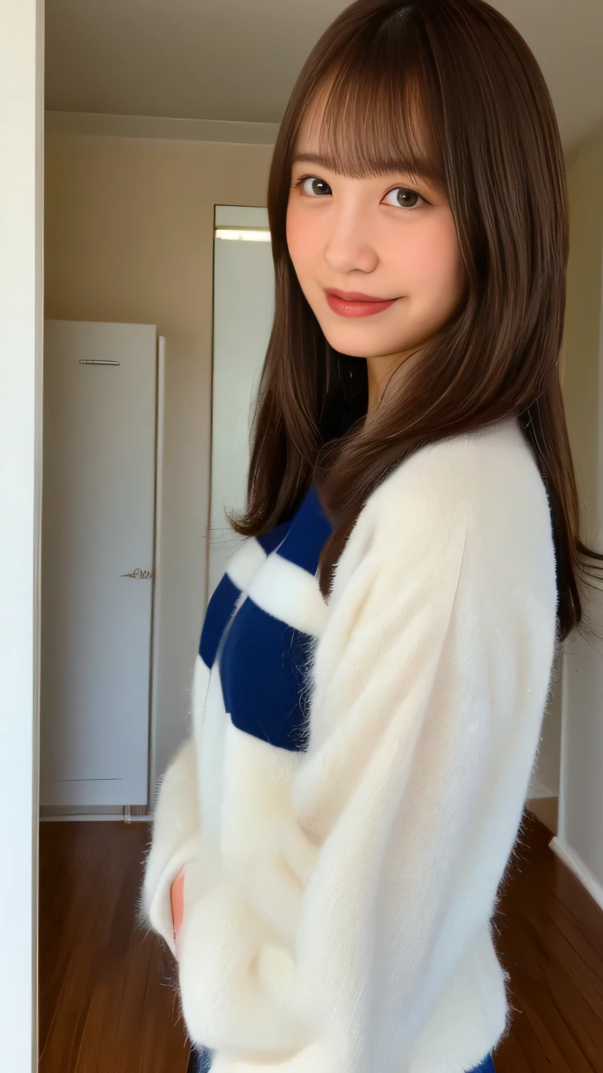 (Smile 1.6) face up、masterpiece、20 year old women、loose, fluffy, long hair、 bangs、in jerseys、Inside the apartment