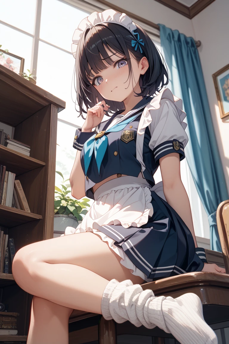 Beautiful girl, school blazer, (skirt), (blue sports briefs), (blue bloomers), black ponytail, smiling, sitting, (skirt flipping), underwear, NSFW, 6 years old, (young: 1.8), fig crotch, school, masterpiece, anime, high quality,