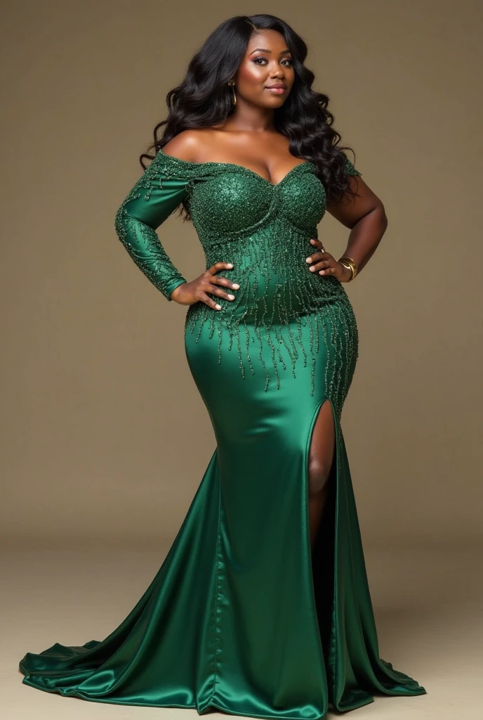 fait moi l'image d'une femme ronde  noire portant une robe de soirée verte 4xl verte avec des passion twist long sur la tête  (longeur 32) ... dans une salle de fête propose des accessoire  sur elle