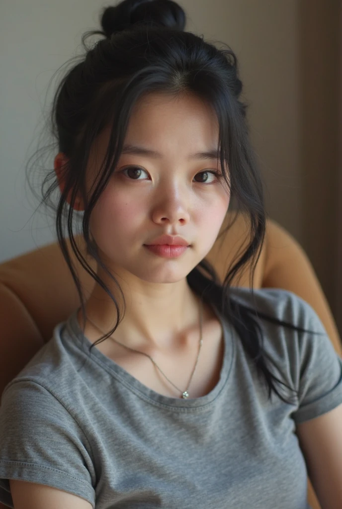  beautiful 20 years old girl, (((chinese))), (kneeling), , (((supermodel face))), no makeup, living room, (black t-shirt), , ((thin pointy nose, thin face)), cum on cloth, cum on t-shirt