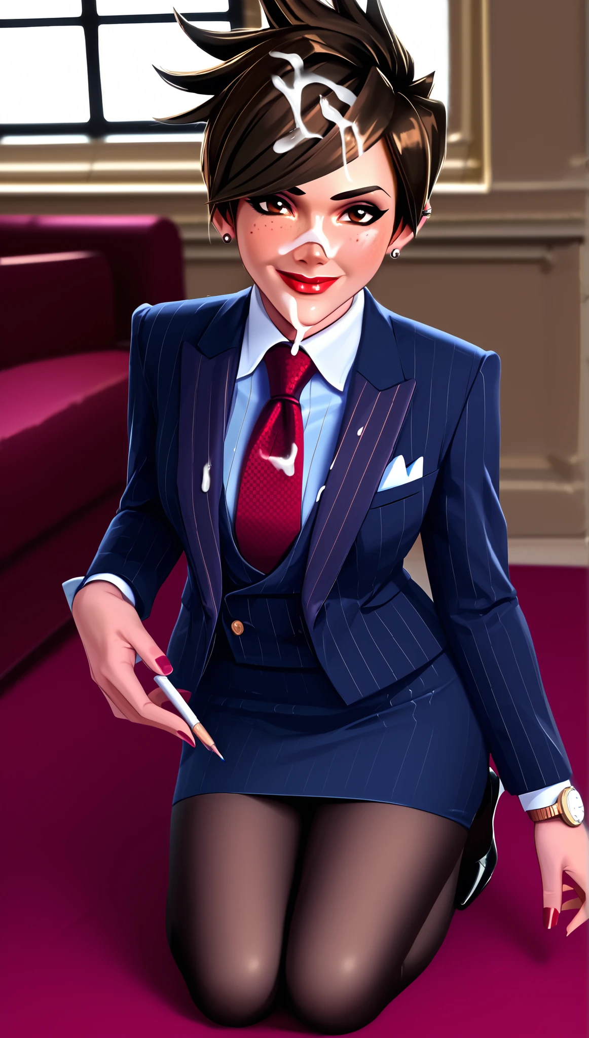 score_9, score_8_up, score_7_up, score_6_up, source_anime,  three-piece suit, tracer, 1girl, solo, brown hair, short hair, freckles, smile, pretty, formal, jewelry, navy pinstripe suit, red silk necktie, earrings, jacket, shirt, window, watch, navy pinstripe jacket, wristwatch, (((light blue shirt with white collar))), (((red lipstick))), navy pinstripe skirt, makeup, black pantyhose, cufflinks, bodycon pencil skirt, mini skirt, black lapel trim, brown eyes, red nails,High Resolution, Blush, white cuffs, shiny clothing, glossy clothing, bedroom eyes, lidded eyes, kneeling, bukkake, high heels, cum on face, covered in semen, cum on hair, cum on clothing, multiple penises, excessive cum, handjob