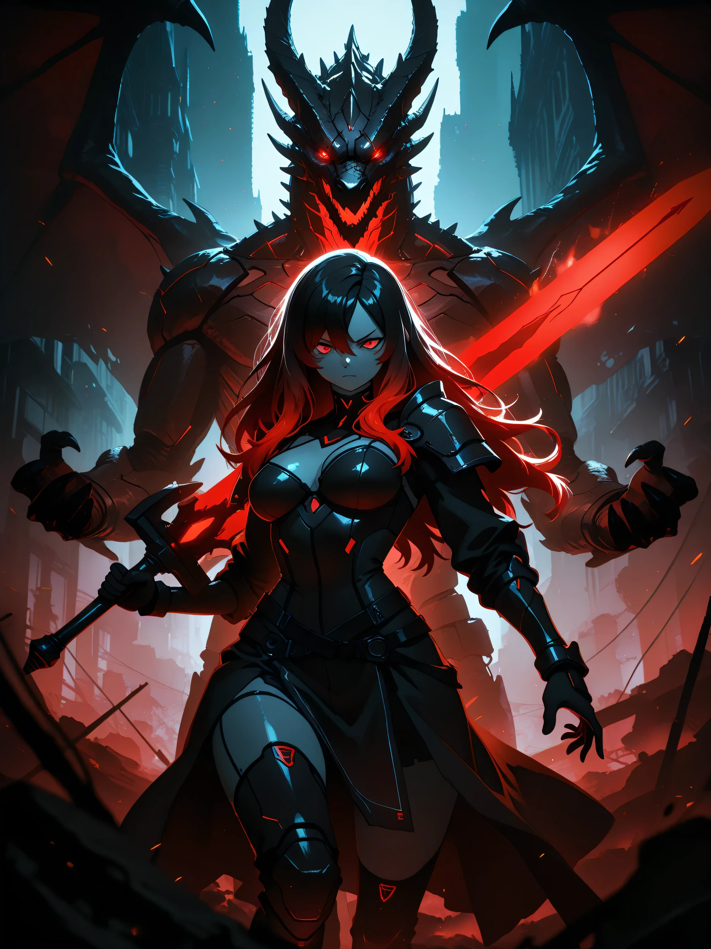 (EyesHD:1.2), masterpiece, best quality, ultra-detailed, very aesthetic, sharp focus, depth of field, vibrant colors, ray tracing, best lighting, detailed illustration, detailed background, cinematic, beautiful face, beautiful eyes, 1girl, Kuroki Monika, red eyes, gradient hair, black hair, red hair, long hair, asymmetrical hairline, hair over right eye, medium breasts, cyberpunk warrior, female knight, black futuristic armor, glowing red cracks, cybernetic enhancements, red glowing eyes, intense gaze, giant black dragon, dark fantasy setting, ruined city, gothic architecture, flaming greatsword, battle-ready stance, embers and sparks, apocalyptic atmosphere, highly detailed, dynamic composition, cinematic lighting, ultra-high quality illustration,((Anime illustration)) ((Incarnate detail)) ((Masterpiece)) ((Highest quality)),Xeno, scanlines, monochrome, high_contrast, selective_coloring, muted_palette, full_color, detailed_outline, detailed_linework, cyberpunk, industrial, dystopian, psychedelic ,Dark color, glow0_3