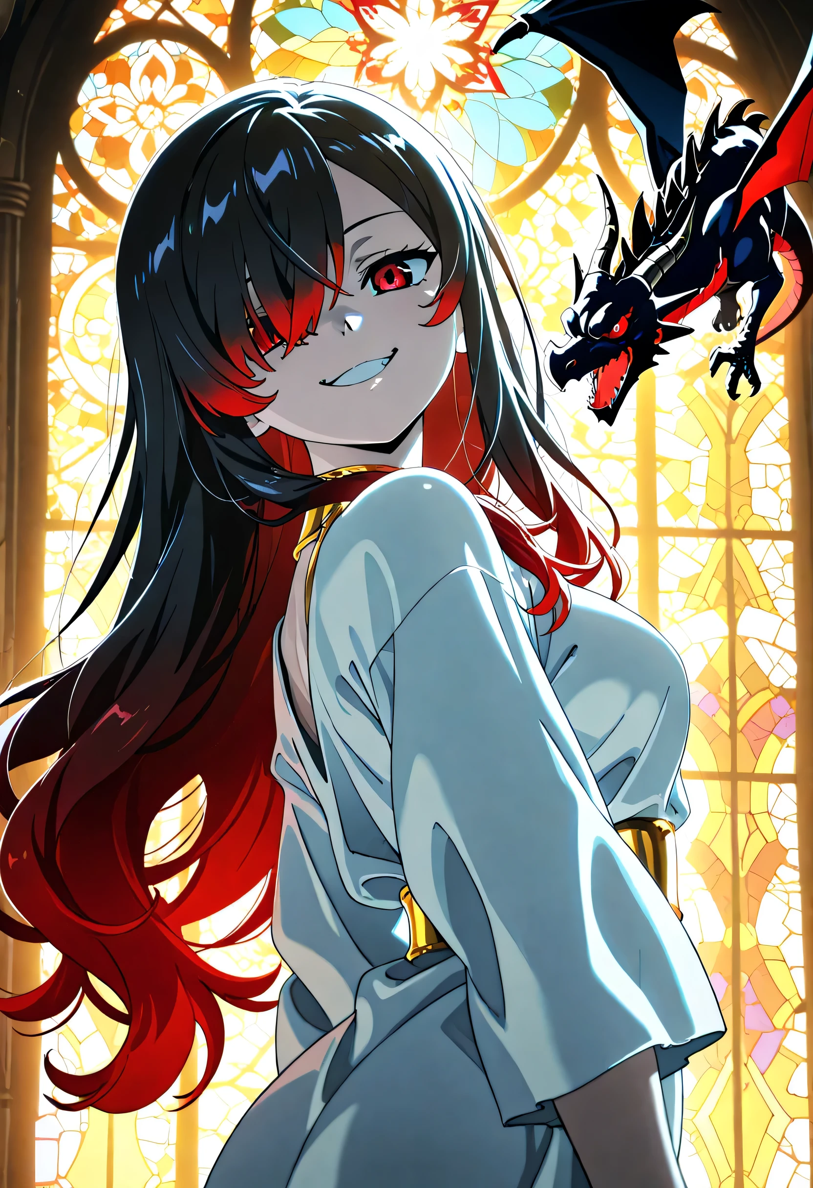 score_9, score_8_up, score_7_up, score_6_up, score_5_up, score_4_up, an anime girl with enchanted red ominous book, , (gold accessory) 1girl, Kuroki Monika, red eyes, gradient hair, black hair, red hair, long hair, asymmetrical hairline, hair over right eye, medium breasts, , flying, solo, looking at viewer, at  dark library, stained glass,  (open mouth:0.7), cinematic composition, epic composition, white  robe, brave, smirk, open mouth, black dragon,
cinematic angle, detailed shadows, 
detailed body, anime artwork, anime style, key visual, studio anime, highly detailed, 
anime coloring, masterpiece, best quality,  
from side, ,clear line, highquality, best quality, Masterpiece, 