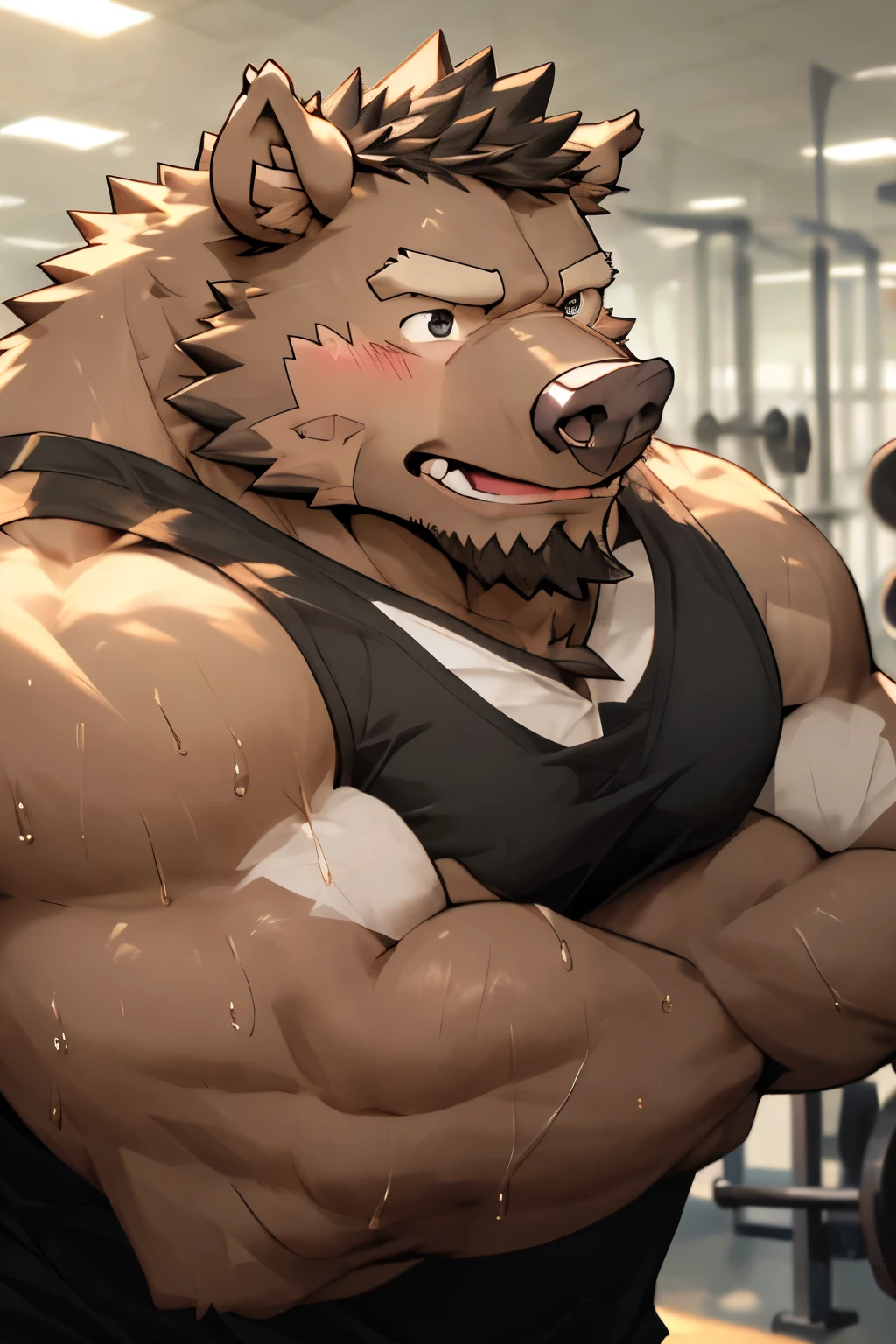 Huge muscular Grizzly Bear bodybuilder shirtless in black gym shorts and wristbands bicep concentration curls position workout.