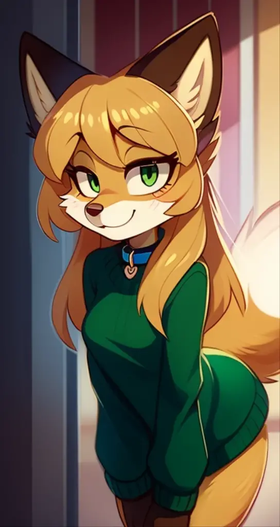 Nervous smiling, uploaded the e621, beautiful and detailed, woman (((female))) ((anthro)) Fox, (Averi, Fox girl), by waspsalad, by phluks, by zero-sum, cinematic lighting, Fox, (anthro, fluffy fur, character focus:1.1), 1girl, anthro fox girl, body fur, curvy, sexy, nice, cute, hot, comfortable anime-style cartoon-style, digital drawing, (half-closed eyes), green eyes, green sweater, (from behind, butt, butt focus), (hands on butt), tounge out