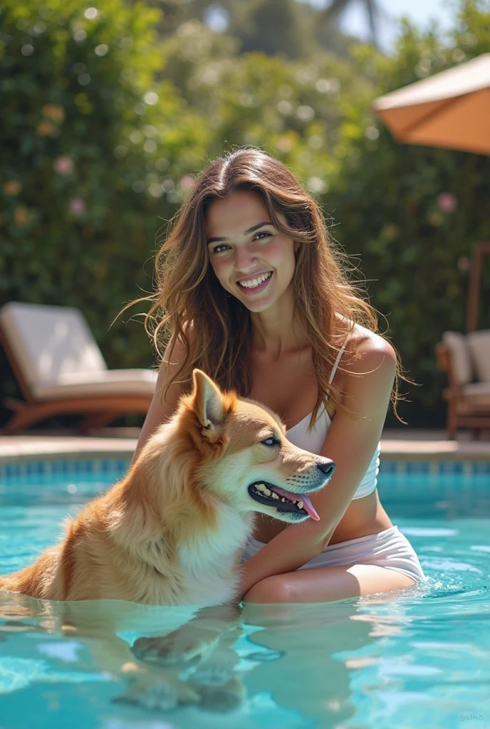 photorealistic woman in the pool next to her dog