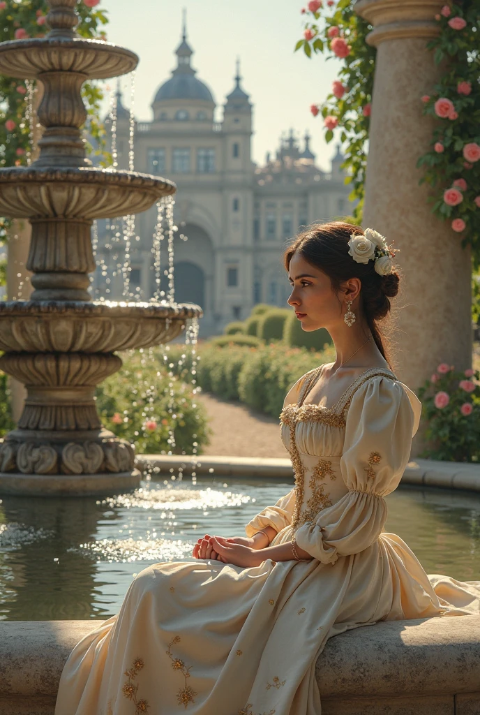 In an ancient Greek temple, a maid dressed in European attire sits by the fountain in front of the temple