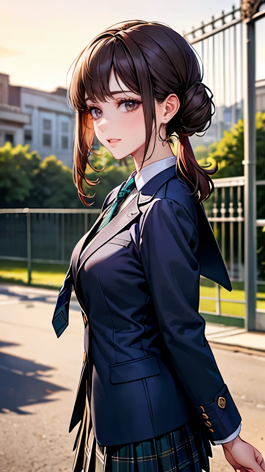 ((masterpiece)), (8k, high_resolution), (distinct_image),((1girl, solo)), (street, city) (best quality), (meitantei conan \(style\), detecive conan \(style\), meitantei conan), solo, beautiful eyes and detailed face, cowboy shot ,((1girl, solo)), medium breasts, (short hair, hair band, forehead), ((school uniform, green necktie, white shirt, blue blazer, blue jacket, blue skirt:1.2)), (smile,:D), <lora:sonoko-22:1>,
