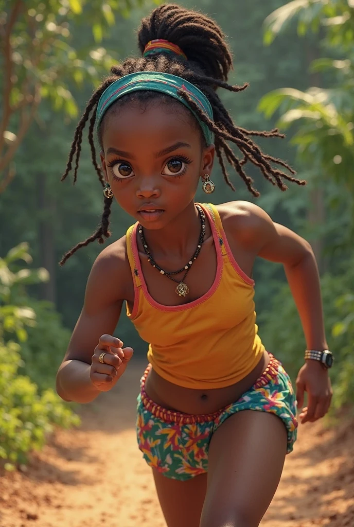 Generate an awe-inspiring hyper-realistic image showcasing a mesmerizing 10-year-old grenada girl with authentic features, gracefully positioned in front of a dynamic and vibrant cityscape.