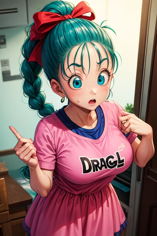 masterpiece, Highest quality,  Unreal Engine,  Super Resolution,  Very detailed, 

Beautiful woman, Bloomers, One Girl, alone, blue eyes, Blue Hair, Aqua Hair, Single Blade, Braided Ponytail, Hair Ribbon, Red ribbon, Hair Ribbon, Earrings,  Vivid expression, Healthy Body, Beautifully detailed sweat glands, Smooth skin texture, Carefully drawn, 

(humidity:1.2), Beautiful Eyes, (Attractive face:1.2), (Beautiful Skin), (Big Breasts), Puffy nipples, (Sticky with sweat), In a dynamic pose,

In the world of Dragon Ball, Capsule Corporation, 