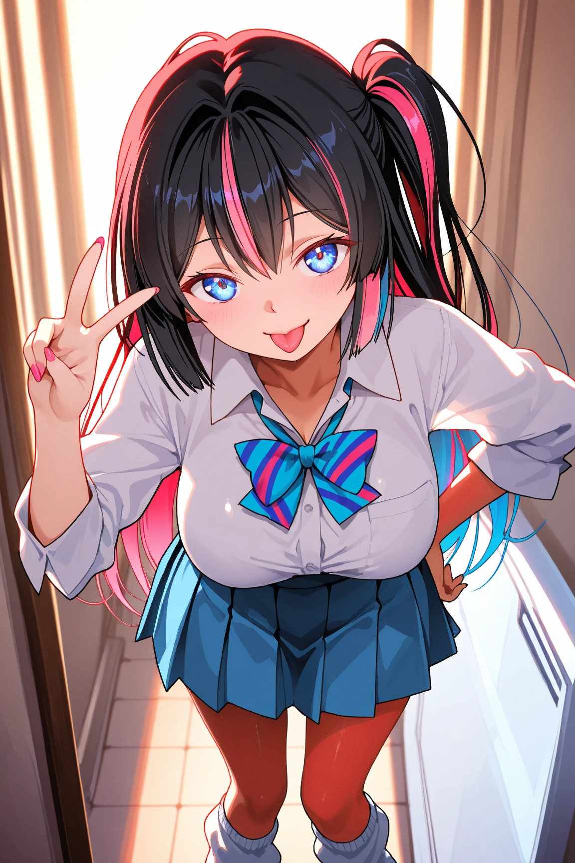 1 Female,High definition,high resolution,Ultra-realistic,8K, hy1, hair ornament, multicolored hair, necktie, skirt, sleeveless, , pink skirt, tight skirt,miniskirt, jewelry,European,sexy,Upper body close-up,Photographed from the front,Dynamic Angles,blush, medium tits, happy, wink the eye,facial, sweat,multicolored hair , arms up,arms together