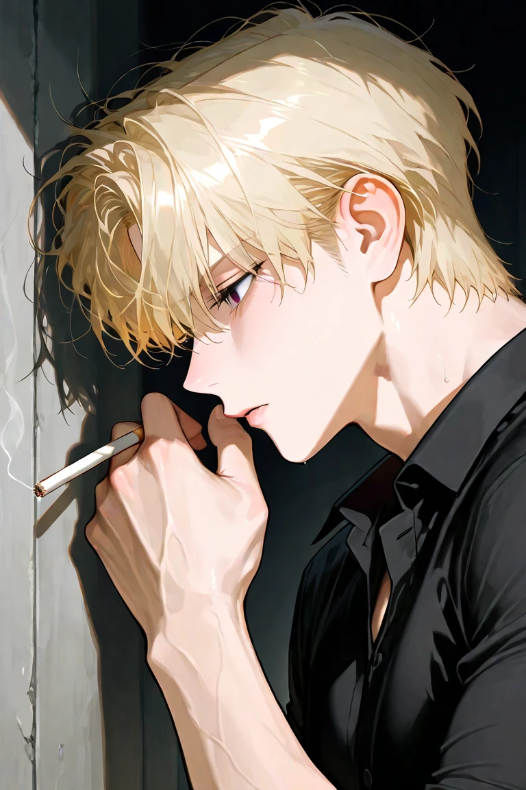 Handsome light skinned Asian blonde haired boy wearing a ragged school shirt and pants while sitting on the school stairs smoking