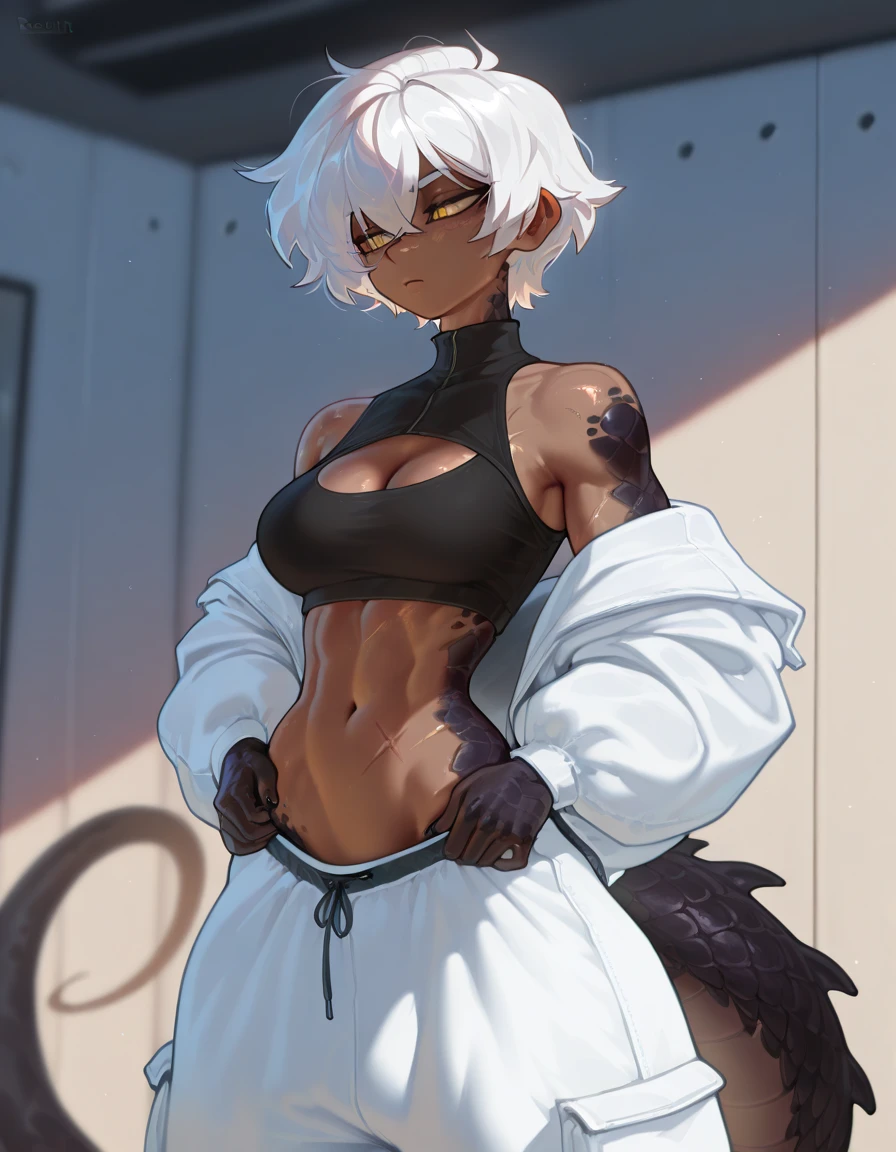 Dark-skinned woman with long white hair and cat ears,with a tank top and short leggings,with big sweaty breasts