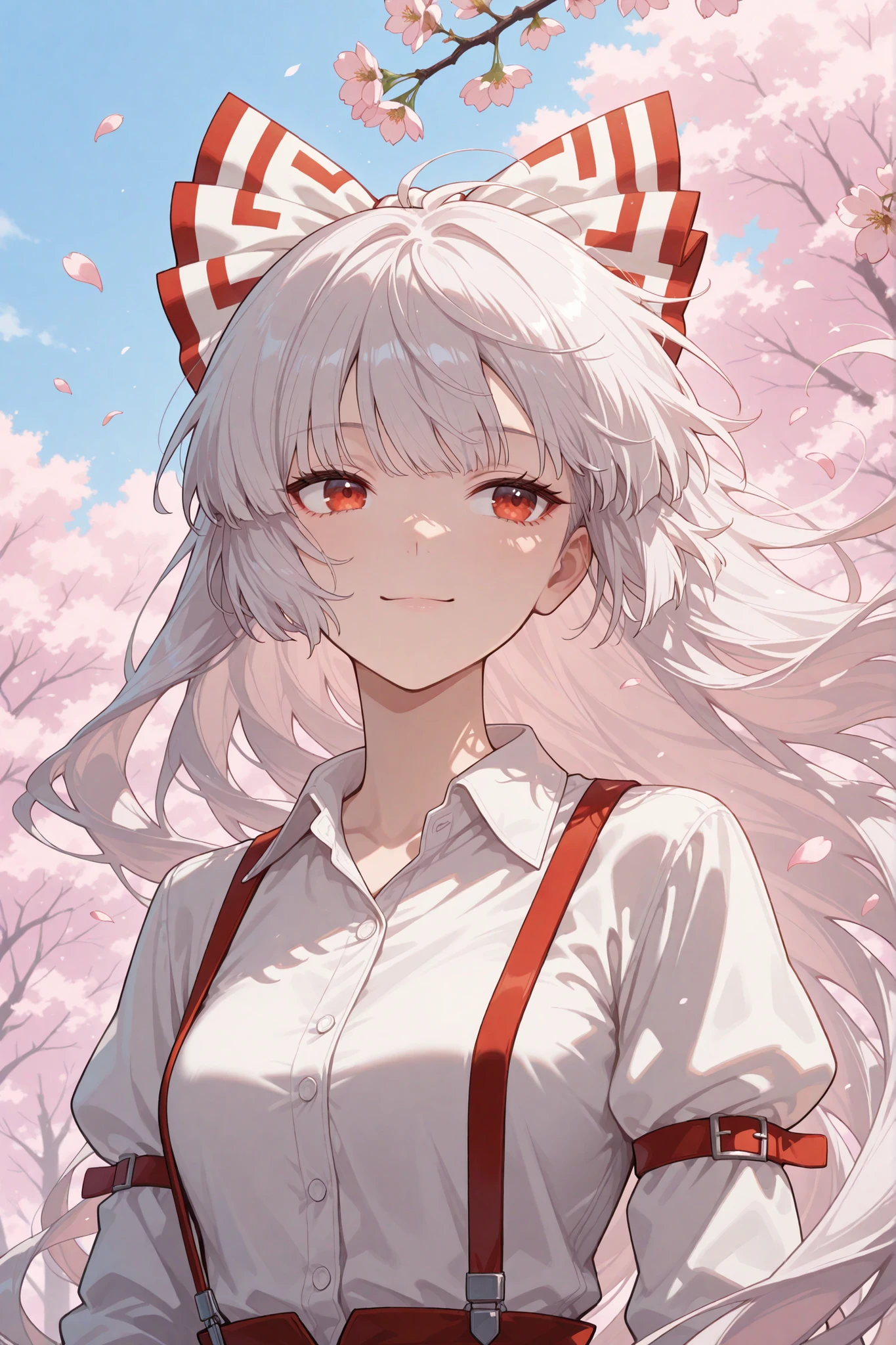 masterpiece, best quality, amazing quality, newest, very aesthetic, upper body, 1girl, fujiwara no mokou, smile, floating hair, cherry blossoms, nature, wind, falling petals, outdoors, amazing background, highres, absurdres