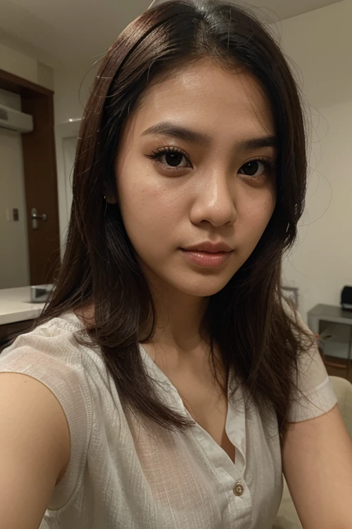 RAW, Best quality, high resolution, masterpiece: 1.3), beautiful asian woman, Masterpiece, perfect fit body, big breasts, beautiful eyes, ((tucked hair)), brown hair, open stand, Soft smile, thick thighs, Beautiful limbs, she is about 20 years old, pale skin Indonesian girl, beautiful woman, soft lighting, soft shadow, vibrant color, (dynamic lighting), (tight outfit), (looking at camera)