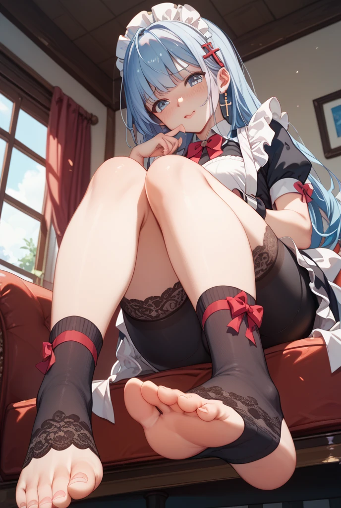((foot focus)), foot towards camera, foot towards viewer, from below, (black thighhighs), showing foot to viewer, (presenting foot), looking at viewer, from below, (hand on own thighs), eyelashes, (pale skin:1.4), anime style, masterpiece, 8k, sharp details, 1girl, solo, light blue hair, full body black dress with skirt, mature female, medium breasts, black side twin hair ribbon, brown eyes, long hair, sleeveless, closed mouth, crossed legs, light smile, sitting