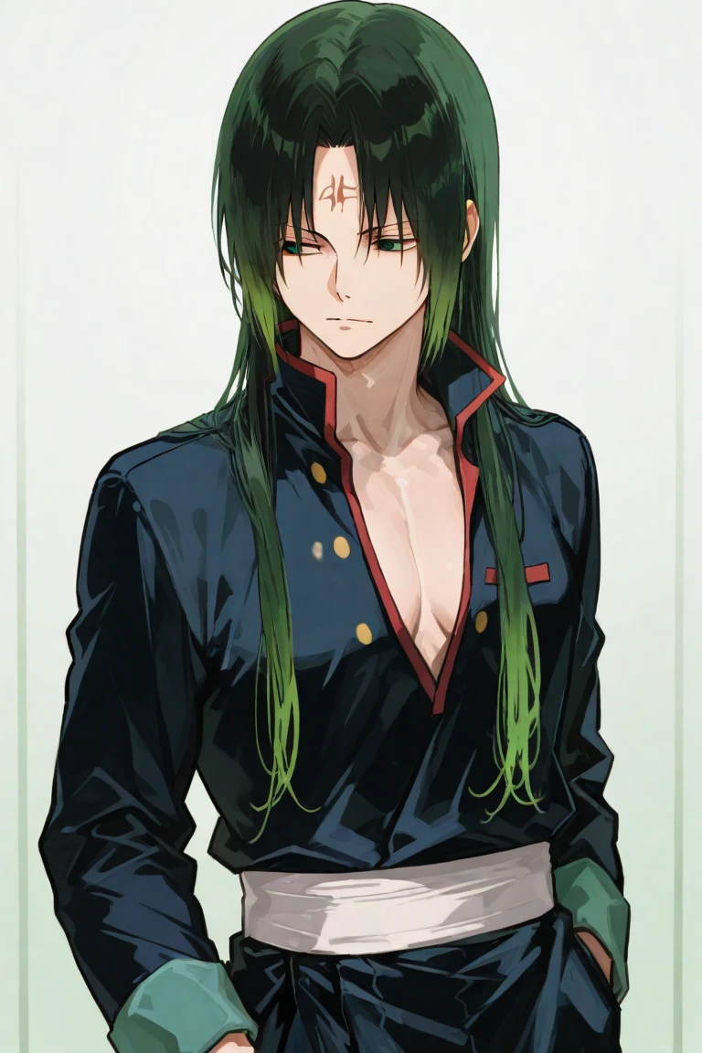 man, in a black kimono, green eyes, dark green hair, Slicked back hair, muscular, swordsman, with a katana, with green haori, scars everywhere, high, full length.