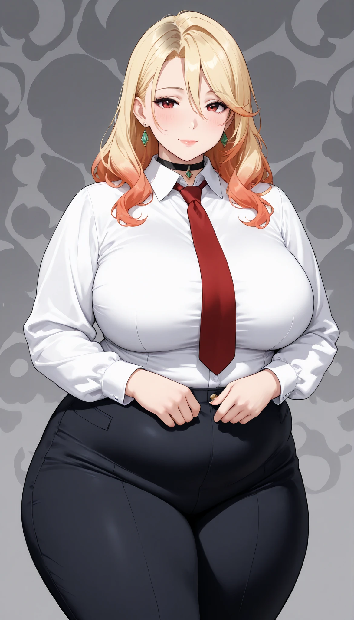 Best quality, Alone, Bigchest, humongous large breast, very curvy, Hairstyles for blonde highlights, Pale red eyes, full lips, 's, sly smile, White button up, sweater vest, plaid skirts, bangle, Silver hoops, Thigh thick, Curvy physique,Directly opposiift up and hit