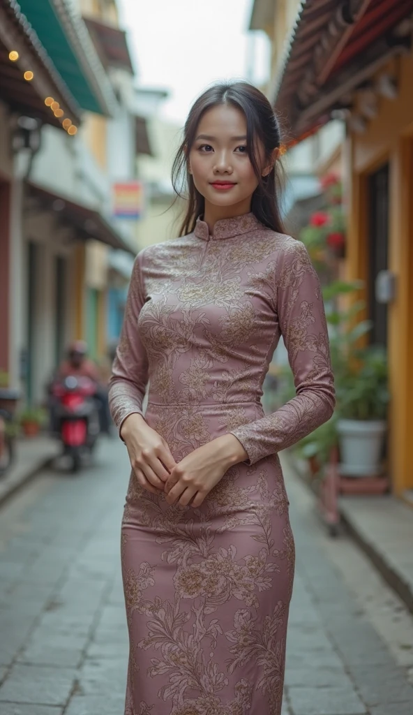 mulher,20 anos de idade,cidade,(((Cheongsam de seda))),,sorriso de boca aberta((cabelo preto)),corar、,((Turn around and look back))()Reflecting the buttocks
