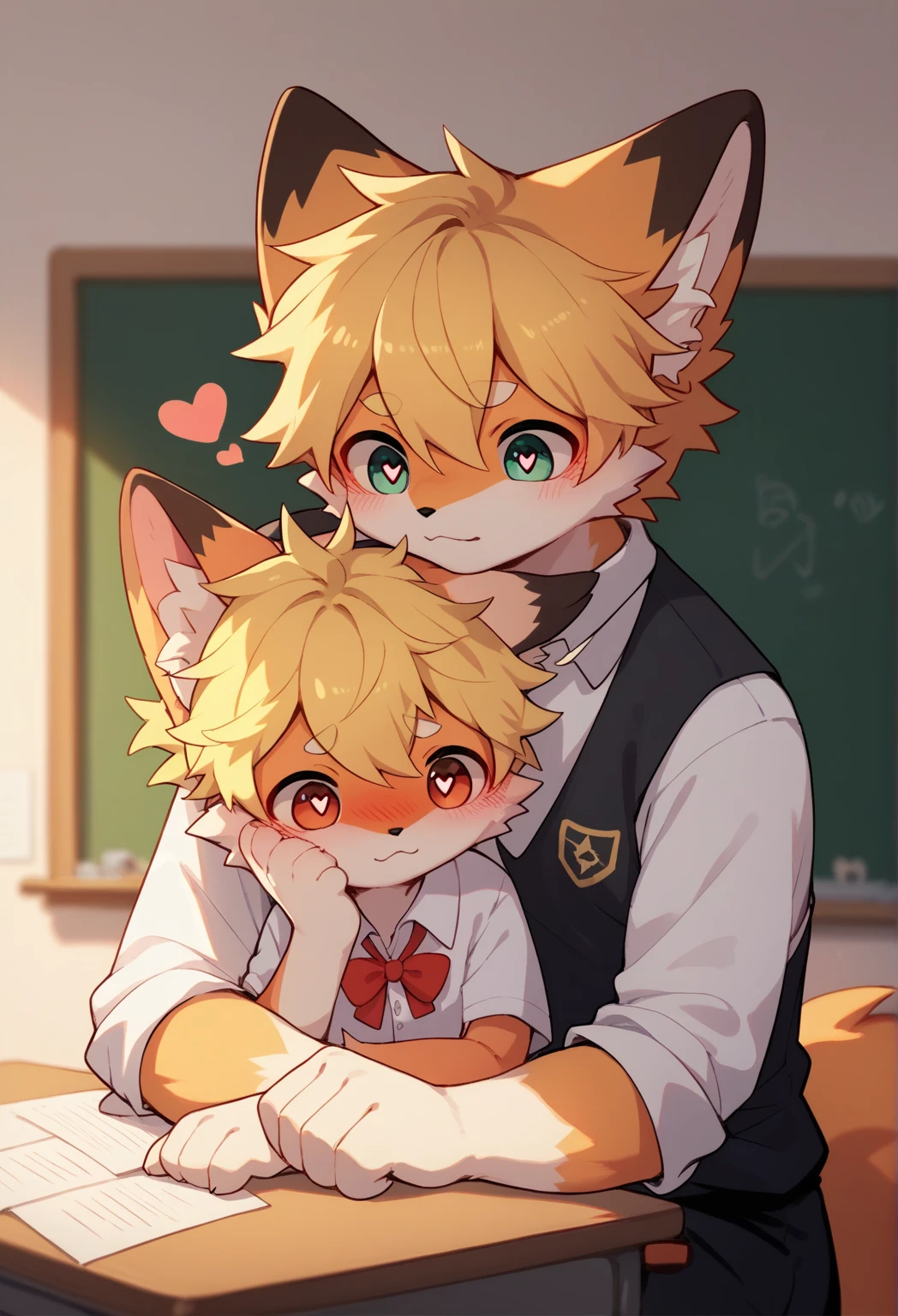 A femboy fox with brown fur with red colour eyes, with body trembling and Satisfied face from have sex w classmates in the school