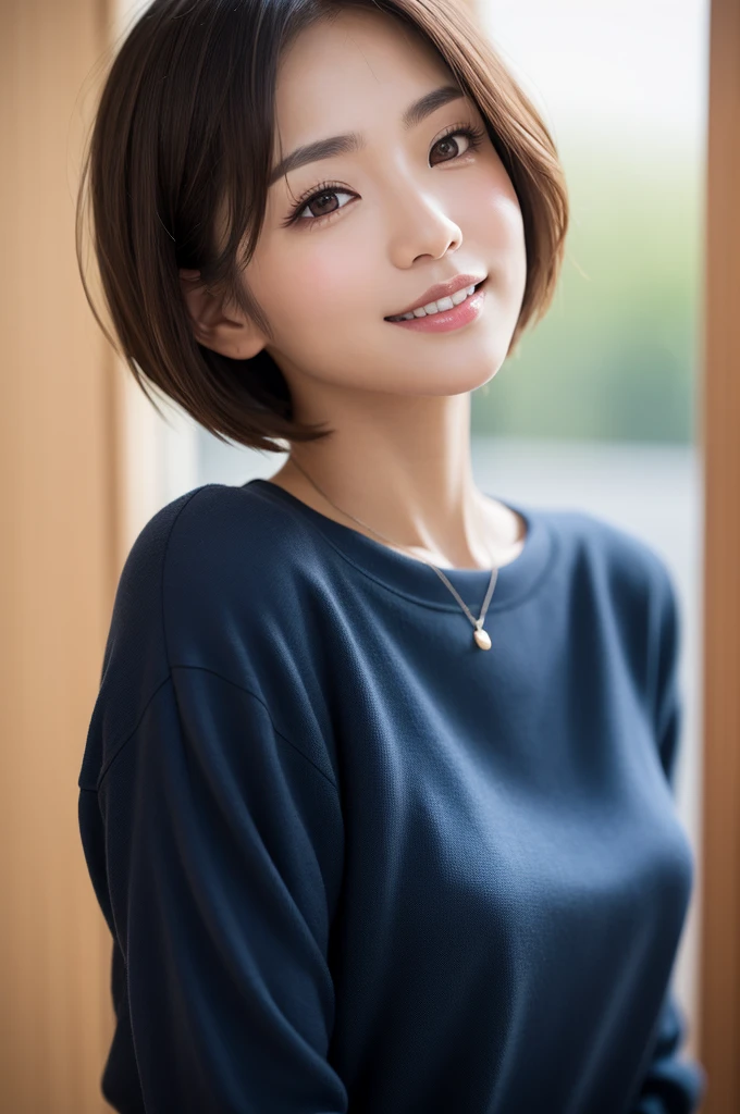 (Best Quality, 8k, 32k, Masterpiece, UHD: 1.2), Cute Japan Woman Pictures, Very Short Bob Hair, Upper Body, Necklace, Simple Background, Look Around, Smiling, Plain Clothes