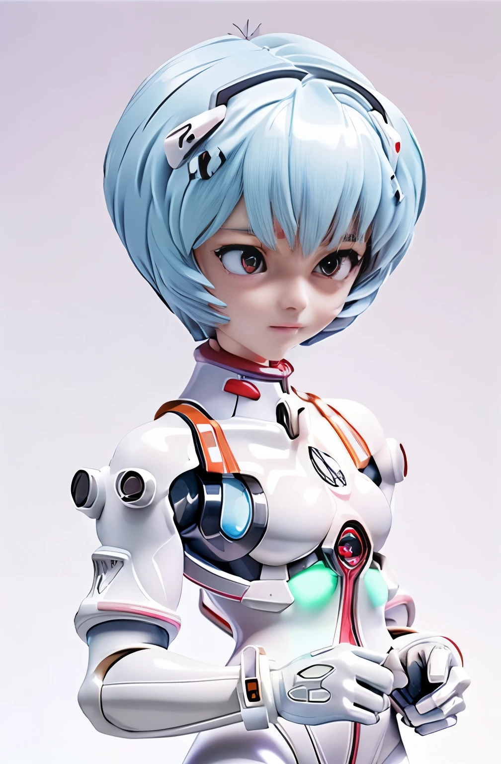 masterpiece,((full body:1.1)), (realistic),pictures, best quality, 1 woman,(((Rei Ayanami, plug suit 00 :1.1))),((beautiful eyes on my stomach:1.1)), ((Cute face)), wet eyes, face,Detail face, Lips Detail, detailed eyes, (Thin, sharp, pale eyebrows :1. long eyelashes 。), double eyelid, (魅惑的な笑face), (kind expression, A fleeting look) , (on the chest White pearl rubber suit with intense metallic luster and smooth surface), ((tight metallic luster latex suit)), ( movie lights: 1.1),from below, (upright), (Camel), ( slim), (((pale blue short hair))), (Thin thin eyebrows)), beautiful hair, It's a sexy pose 。:1.1,Mech Suit, white skin, ((advanced cyberpunk research facility in the background)), (face and eye details: 1.1), Lonely, blanking, very delicate and beautiful girl, standing,,(to8 contrast style)