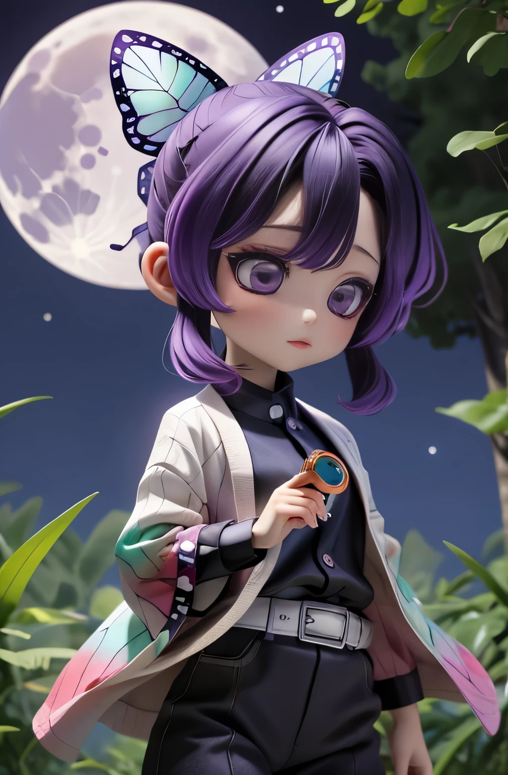 masterpiece, best quality, high resolution, 1 girl, solo, Kocho Shinobu, butterfly hair ornament, PURPLE EYES, multi colored hair, short hair, split bangs, Black Pants, Black Jacket, long sleeve, belt, cowboy shot, forest, night , moon