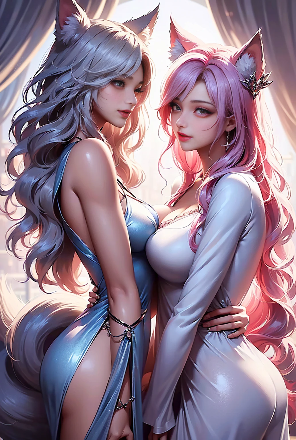 Best quality,Amazing,Masterpiece,Delicate,超高分辨率,Ultra detailed,intricately details,Beautiful detailed,8K resolution,(Extremely detailed Cg Unity 8K wallpaper),Sharp focus,((No text)),breast conscious,Huge bare breasts,Areola bareness,Bare breasts explode,Lively bare breasts,Bare breasts,High transparency and transparency of bikini tearing，，Tongue stock,Makeup,Happy,Reflectors,ahegao,Pink eyes,Heart earrings,2girls,Female pervert,view the viewer,hair flower,Long hair,multicolored hair,Shiny hair,Barefoot,Bottomless,Thick thighs,Bare legs,Look at each other from the front、((Feminine kiss))、(((French kiss for women)))、Women hugging each other，As if pushing each other、Staring at each other、Moist eyes、half-open lips、Beautiful、Red blush(0.2)、Functional、seductiv、Trance、instigate、Beauty、bustup、Shunguang、、Shoot diagonally down from the front、precise drawing、Detailed drawing、Precise anatomy、