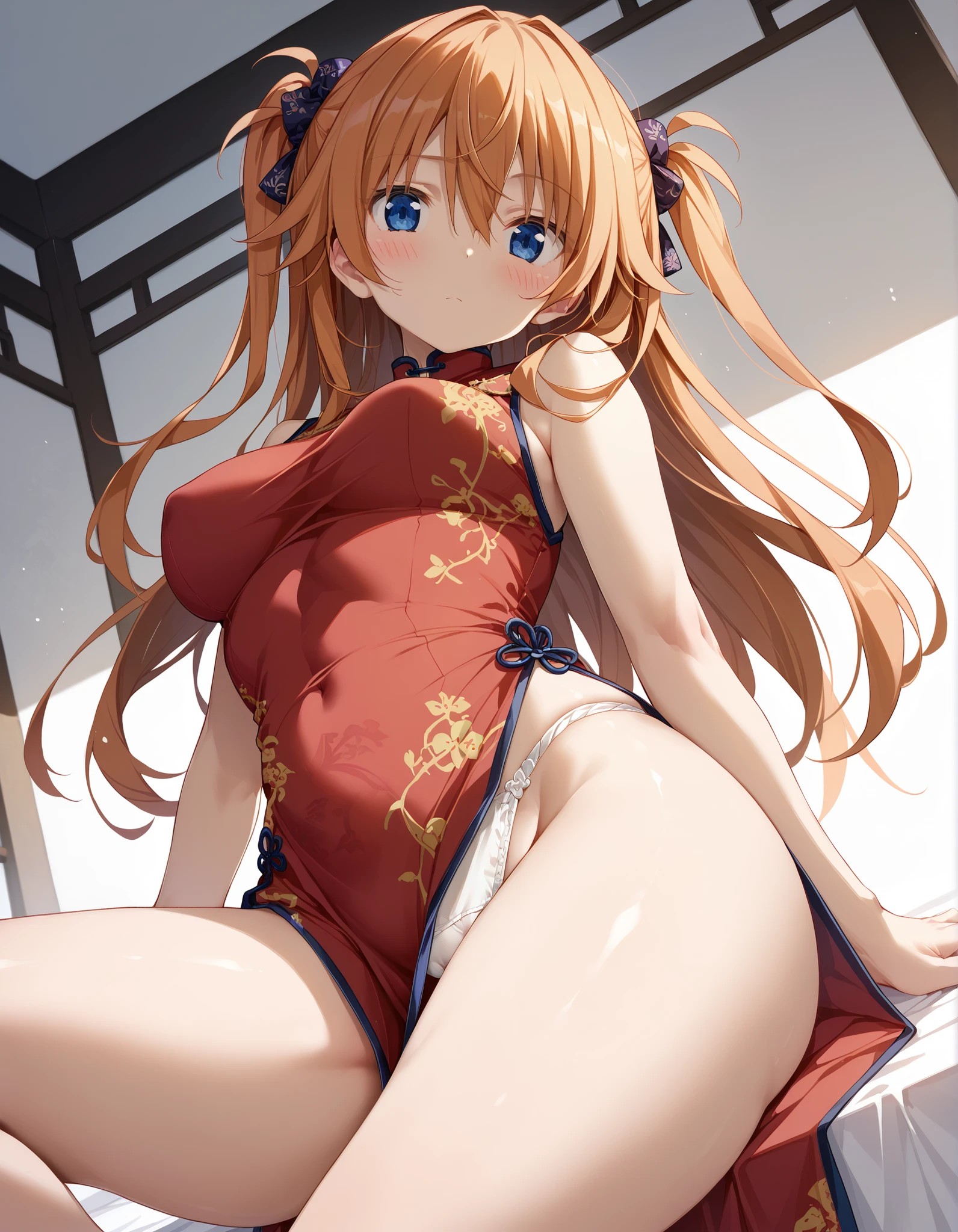 score_9, score_8_up, score_7_up, source_anime,dutch angle, absurdres,1girl,solo,long hair, orange hair, two side up, hair between eyes, blue eyes,(katsups),white panties,blush,cameltoe,china dress,sideless outfit,thighs,