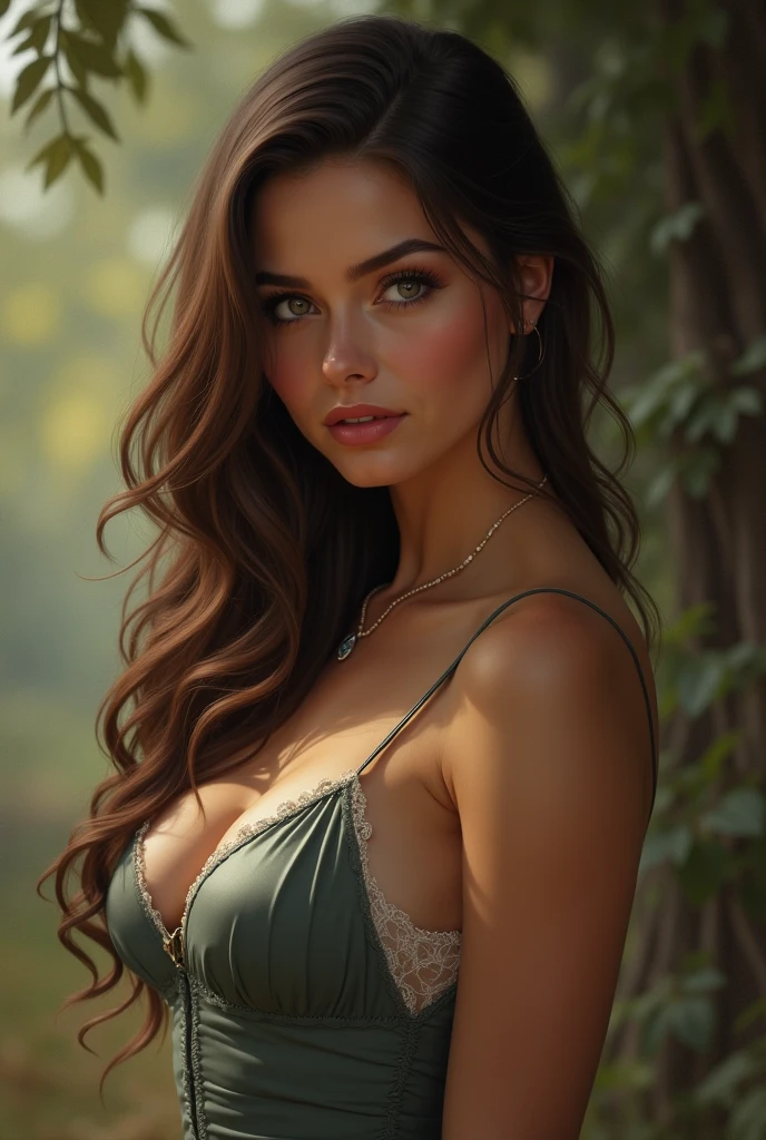 A beautiful woman , perfect face, close up, perfect angle, goddess,sitting on a meadow, pink grasses, wearing black gown, cleavage visible, trees, orange leaves, wind, hair and grass flowing, bokeh, intricate, Hurricane