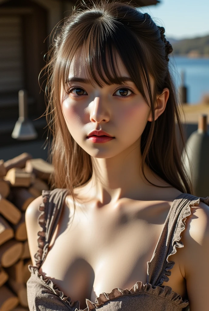 1 woman,Thoroughness, analog style, eye focus, best quality, (very detailed skin), Photo of an exquisitely beautiful pale skin punk Dutch girl, 21 years old, (Wearing Harness, tank top and beanie), perfect face, alluring eyes, [Seductive makeup], skin pores, (piercing:0.5), outdoor covered in snow, in front of the stairs, (bokeh:0.6), sharp focus, dappled lighting, (backlight:0.7), film grain, Sony A7R IV로 촬영, 18mmF/1.7 Cine Lens, (very detailed, intricately detailed), 8K, HDR, Posing seductively, front view, (upper body:0.9)