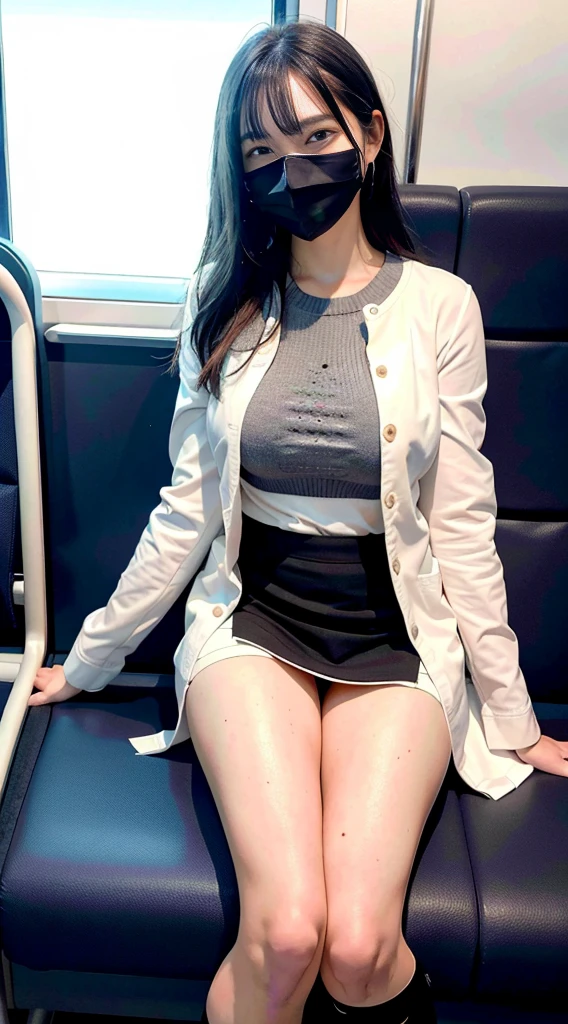 Highest quality、masterpiece、high school girl、Black Pantyhose、She is sitting on a train seat with her legs spread wide、((Front view from below))、Plump and large breasts、Medium Bob Hair、White shirt、Pleated skirt、Staring at the audience、Red face、White panties、Wet clothes、