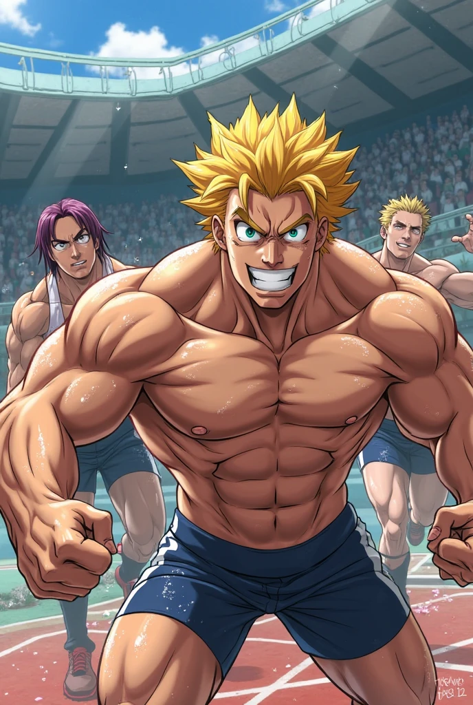shirtless anime men in the background cheering, anime style, various people in the backgroung, cheering , looking up front, medieval clothes, shirtless, muscular anime men , a cherring crowd, during daylight, blue sky and trees in the background