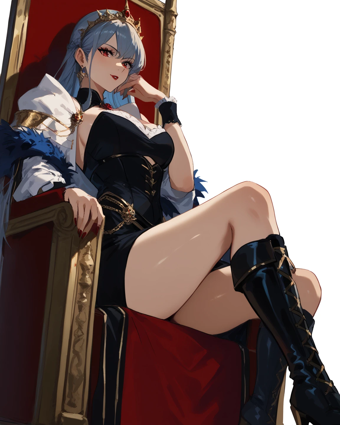 A woman wearing a black Prussian military dress with gold details, gold shoulder pads, black metal boots, black metal bracelet, black military hat with gold details, short white hair, ice blue eyes, gold fur cape,(woman solo ),HDR, ultra resolution, well defined, masterpiece, 8K HD