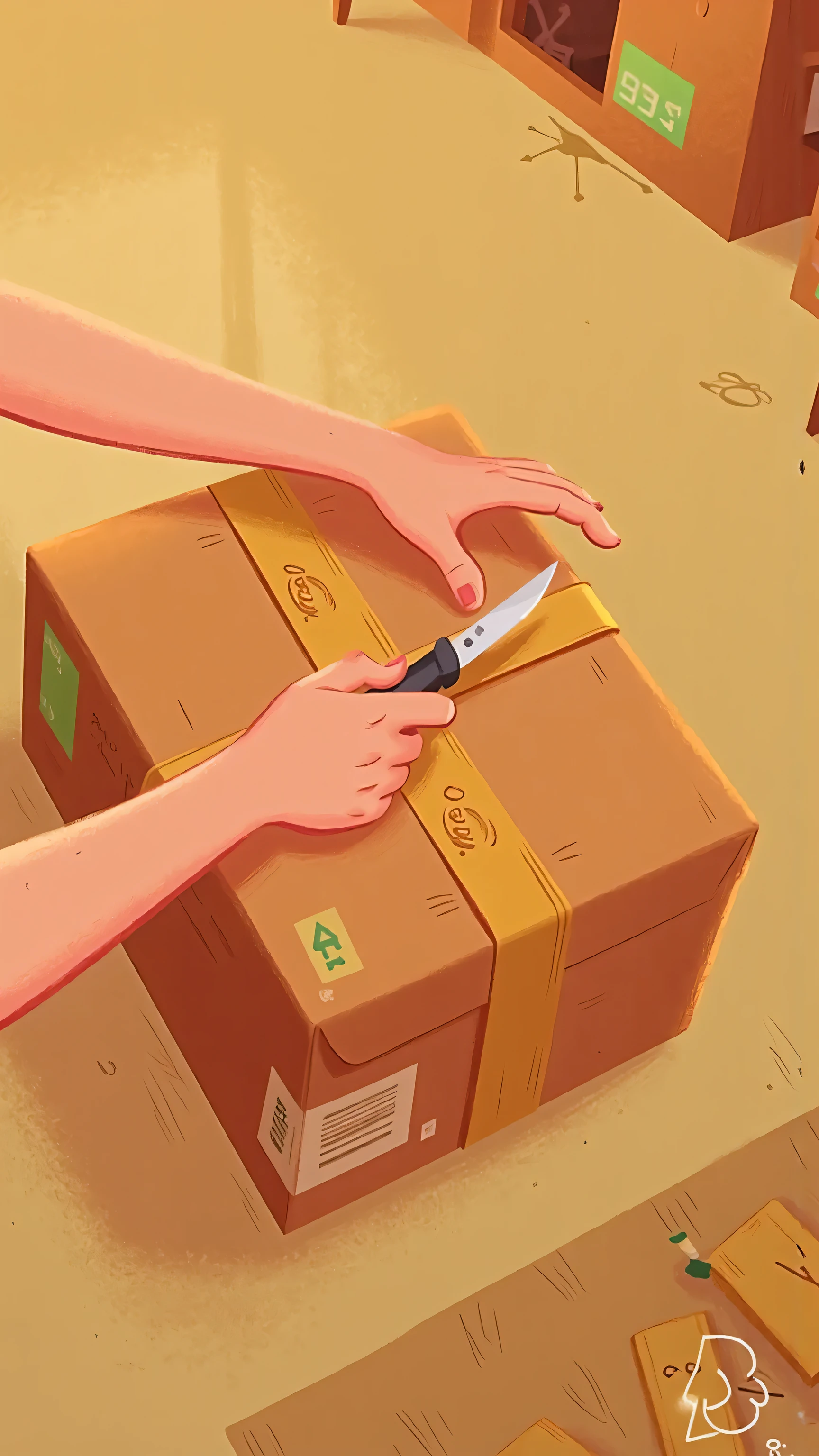 Close-up perspective,Holding a knife in one hand,Carefully cutting a cardboard box。The box is brown,With a green label,The seal is sealed with packing tape。There is a soft beige carpet on the background floor,Creates a warm and homely atmosphere。The shot is taken from above,Focus on(slim、soft、slim的手、pink nail polish on hands、sleeveless)movements and details of the paper box,Showing the cutting process。The light is soft and warm,Adds to the intimacy and tranquility of the scene。--Style:2d illustration ,simple style,A cozy home。