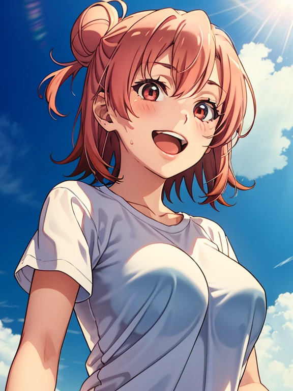 1girl in, Yuigahama Yui, , Short hair, Pink hair, large boob, 
(Best Quality, hight resolution, 4K, Detailed Lighting, 
(Light blue T-shirt, Check skirt, under the boobs),
Smile, blush, Open mouth, 
school  background, Balloon background, 
at noon,
From below,
(Skirt lift, shirts lift),
nsfw,