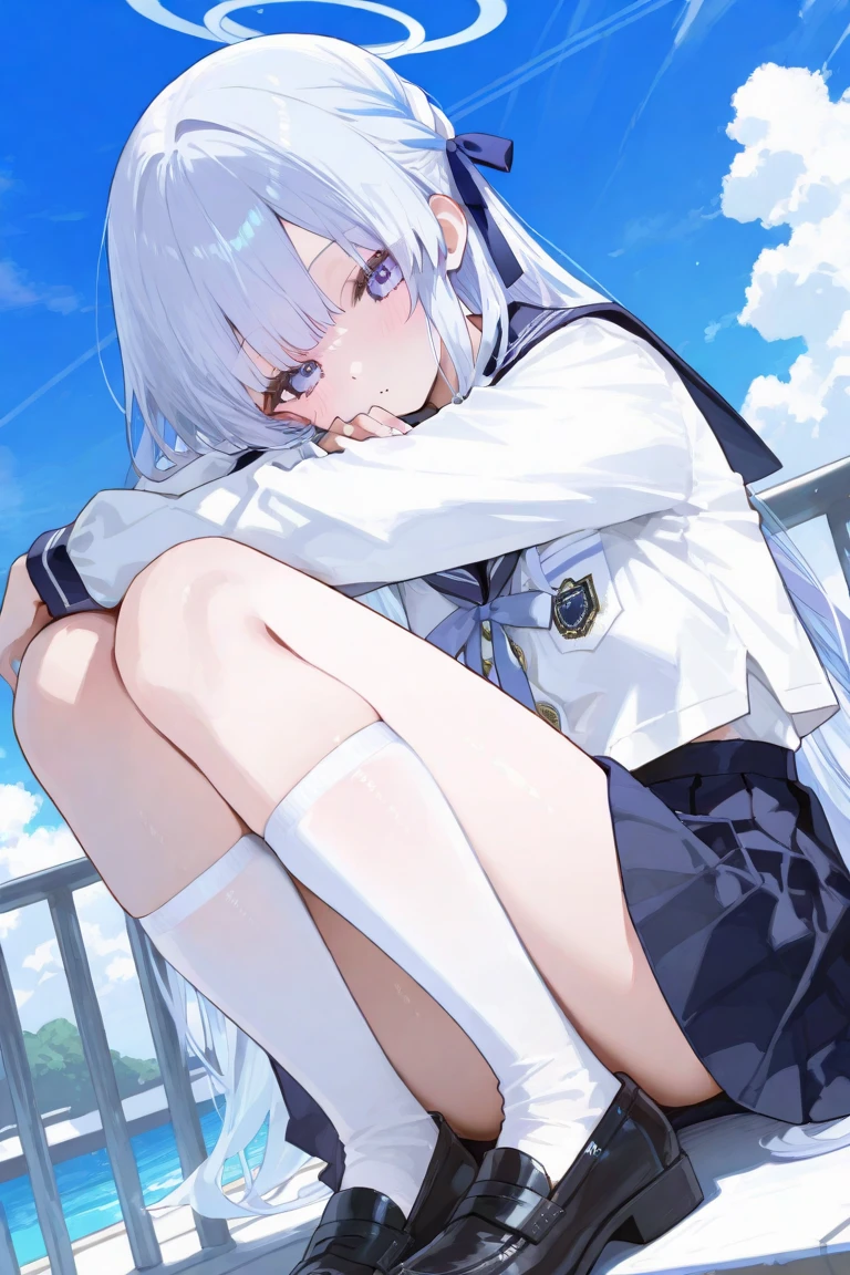 (masterpiece, best quality), a girl, solo, skirt, sky, sitting, serafuku, cloud, outdoors, neckerchief, day, shirt, ahoge, rooftop, long hair, white pantyhose,white hair, white school uniform, white sailor collar, blue eyes, sailor collar, white skirt, White silk socks, white serafuku blue sky, white shirt, closed mouth, white skirt, cloudy sky, pleated, Ruffle, no shoes, Blue and white stripe panties, Woman showing off her panties