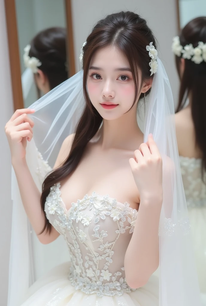 (1girl), ponytail, Extremely cute face, Amazing face and eyes, (Highly detailed eyes, Highly detailed face), fresh, Very clean appearance, (Hyper-realistic, hight resolution), (Best Quality:1.4), (hyper quality), Authentic skin texture, Raw photo, (Realistic, Photorealsitic:1.37), highly detailed, Professional Photography, (beautiful lace bridal dress:1.5), (lace bridal dress with open front), (cleavage:1.2), (Bare shoulders), Smile slightly, (Staring at me), girl portrait, outdoors, Spring, cherry blossom season,