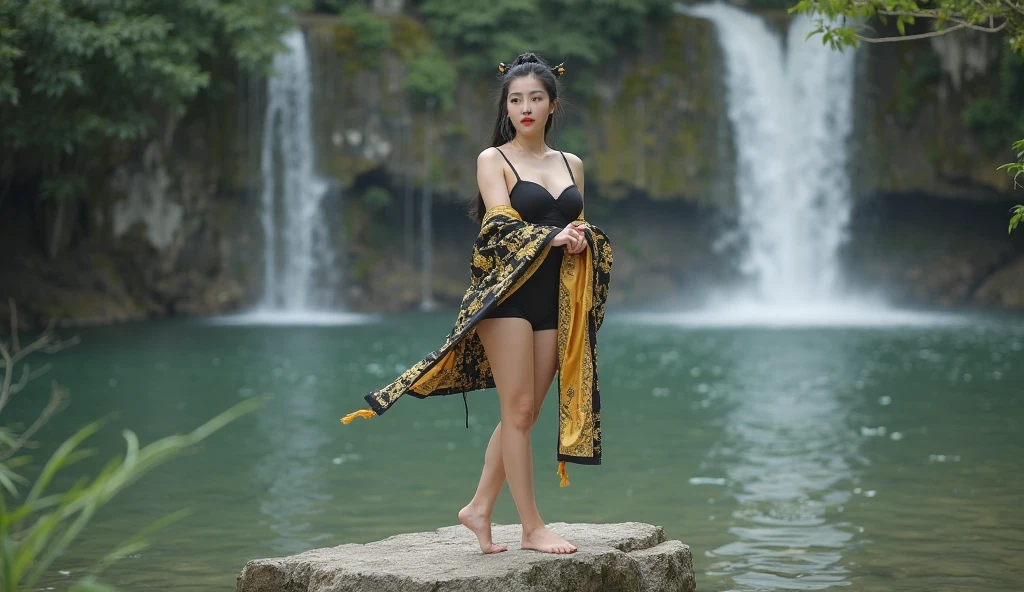 (realistic:1.3), A beauty girl with tattoos on body, beautiful art tattoo detailed, generate an indonesian lady wearing luxury tight bustier linen kemben, batik tight long skirt, short ponytail hair, shoulders, collarbone, slim waist, big breast, washing cloths at the river, the aura is really beauty, make the picture looks so lovely, masterpiece, full body picture, hyperdetail, 8k, ambient effect, digital effect, nsfw, wet body, its Me Wet, earrings, necklace, Javanese ornament