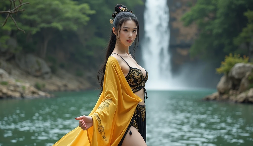 wuxia mulher, Alegre, mid chest, na cachoeira