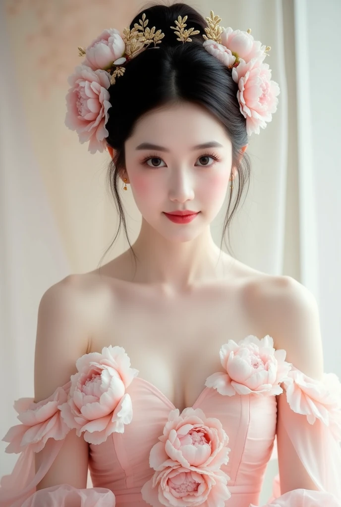 (Small lower chest,small heads)), (perfect bodies: 1.1),(Black hair:1.5),(极其细致的CG 8k壁纸），（Extremely refined and beautiful），（Masterpiece），（best qualtiy：1.0），（超高分辨率：1.0）,[A high resolution],cheerfulness,Smile,(Smooth and flawless fair skin:1.5),(Shiny skin:1.5),(Exquisite makeup:1.3),ultra - detailed,A beautiful Korean girl,(Big breasts:1.8),(Cleavage:1.8),(bare breasts:1.8),(Towering chest:1.8),Slim,emaciated,(Gorgeous see through hanbok with White top and pink dress:1.5),Autumn, In a residential area,High-rise residential building,on the garden,On the path,(standing:1.5),(Holding a bouquet of flowers in front of both hands:1.5),(upright from front:1.5),Upper body,(Close-up Shot Shot:1.3),(Cowboy shot:1.3),(front portrait:1.5),Morning,(Daytime scene:1.5),Bright sunshine,