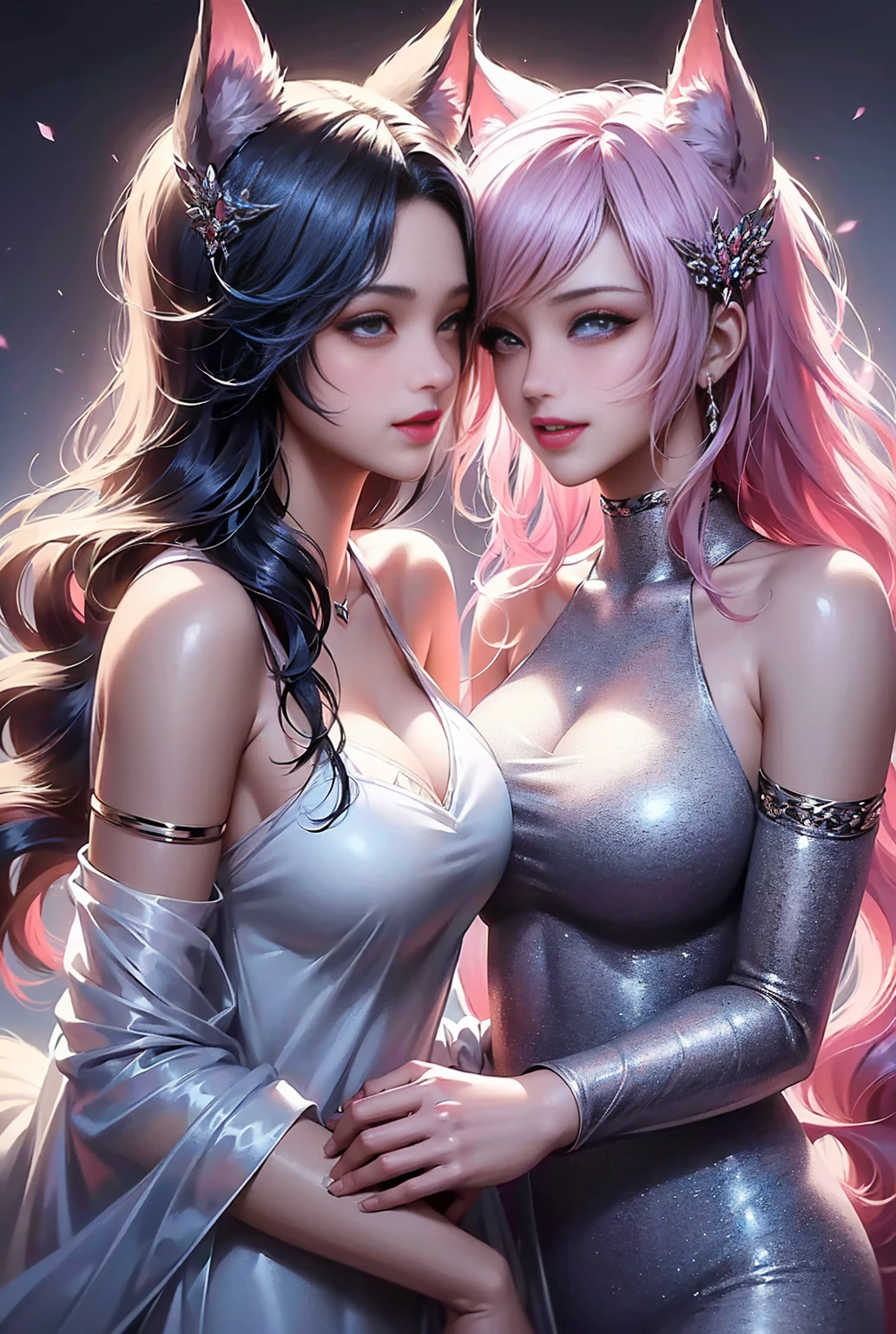 (Masterpiece, best quality, 1 girl, alone, complicated details, Chromatic aberration), realistic, ((Moderate breath)),long hair, pink hair, Red headpiece, Pink Highlights, hair on one eye,purple eyes, earring, sharp eyes, choker, Neon coat, She wears a collar, bangle, and kimono style garters., crop top, (symmetrical eyes),(Perfect symmetrical body),against the wall, Brick wall, (colorful graffiti words on the wall:1.2), The light is dim., alley ,Look at the viewer.、Dig the chest、smile、(sleeveless、Navel touch、Fitted turtleneck.)、street string hot pants、Thin bottom、Please build above the eaves..、Thin shoulders、in sportbar、Highest quality、masterpiece、Ultra-high resolution、(Photorealistic:1.4)、RAW Photos、One Girl、Glowing Skin、Put the headset on your head、((Ultra-Realistic Details))、Portrait、Global Illumination、Shadow、Octane Rendering、8k、Super sharp、((Delicate body type))、Hair ornament of the future、((Wear a thin white shirt on bare skin:1.4))、Cleavage、((Huge boobs:1.4))、(Sunburned skin:1.4)、Very intricate details、Realistic Light、Metallic Shine、CGSoation Trend、(Purple eyes:1.4)、(Shining Eyes)、To the camera、Neon Details、Sit on、Cyberpunk Background、Small LED Lamp、(Pink and green lighting from behind)、
