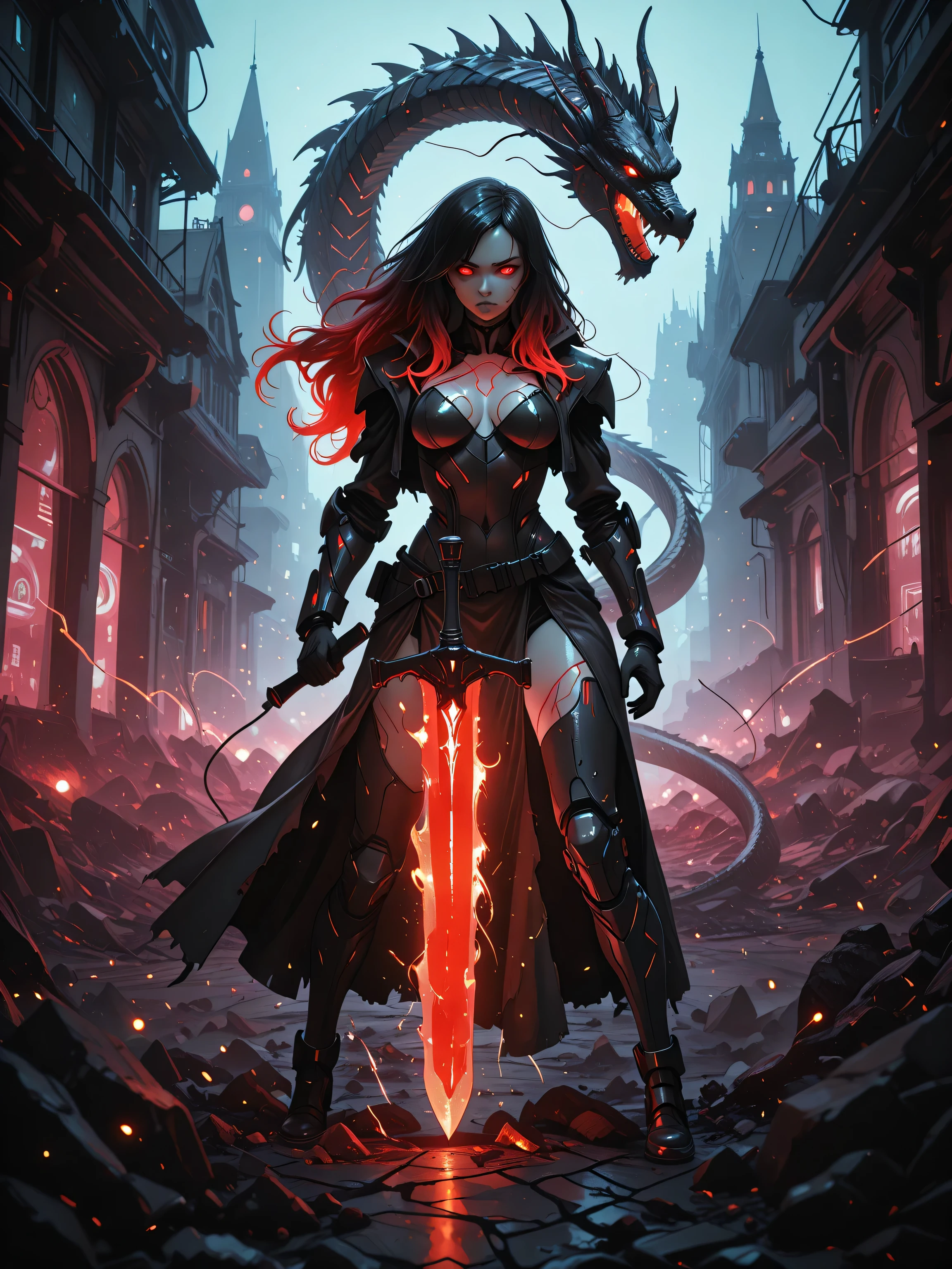 (EyesHD:1.2), masterpiece, best quality, ultra-detailed, very aesthetic, sharp focus, depth of field, vibrant colors, ray tracing, best lighting, detailed illustration, detailed background, cinematic, beautiful face, beautiful eyes, 1girl, Kuroki Monika, red eyes, gradient hair, black hair, red hair, long hair, asymmetrical hairline, hair over right eye, medium breasts, cyberpunk warrior, female knight, black futuristic armor, glowing red cracks, cybernetic enhancements, red glowing eyes, intense gaze, giant black dragon, dark fantasy setting, ruined city, gothic architecture, flaming greatsword, battle-ready stance, embers and sparks, apocalyptic atmosphere, highly detailed, dynamic composition, cinematic lighting, ultra-high quality illustration,((Anime illustration)) ((Incarnate detail)) ((Masterpiece)) ((Highest quality)),Xeno, scanlines, monochrome, high_contrast, selective_coloring, muted_palette, full_color, detailed_outline, detailed_linework, cyberpunk, industrial, dystopian, psychedelic ,Dark color, glow0_3