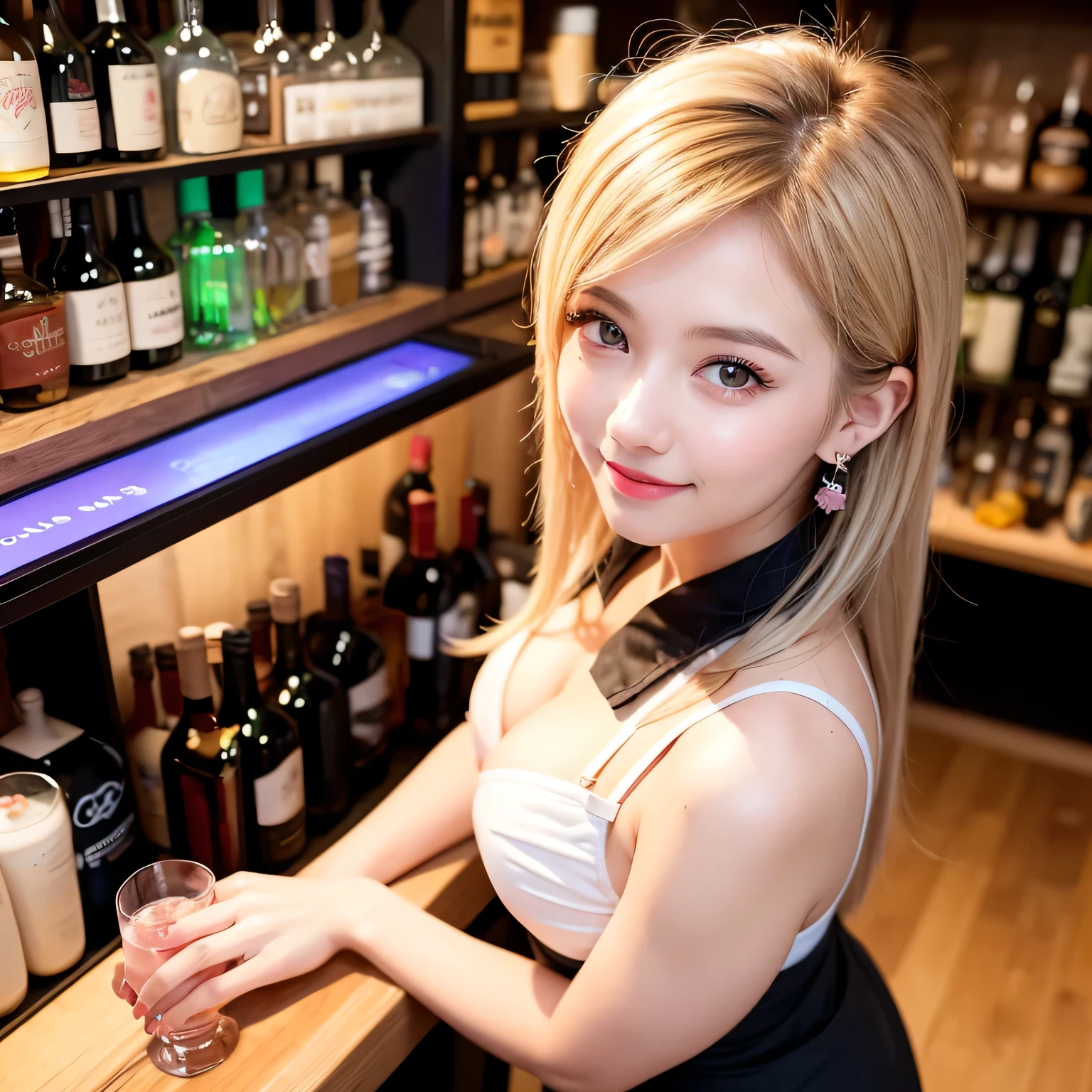 real photo of a asiatique with blond hair, inside a bar, real background, real face