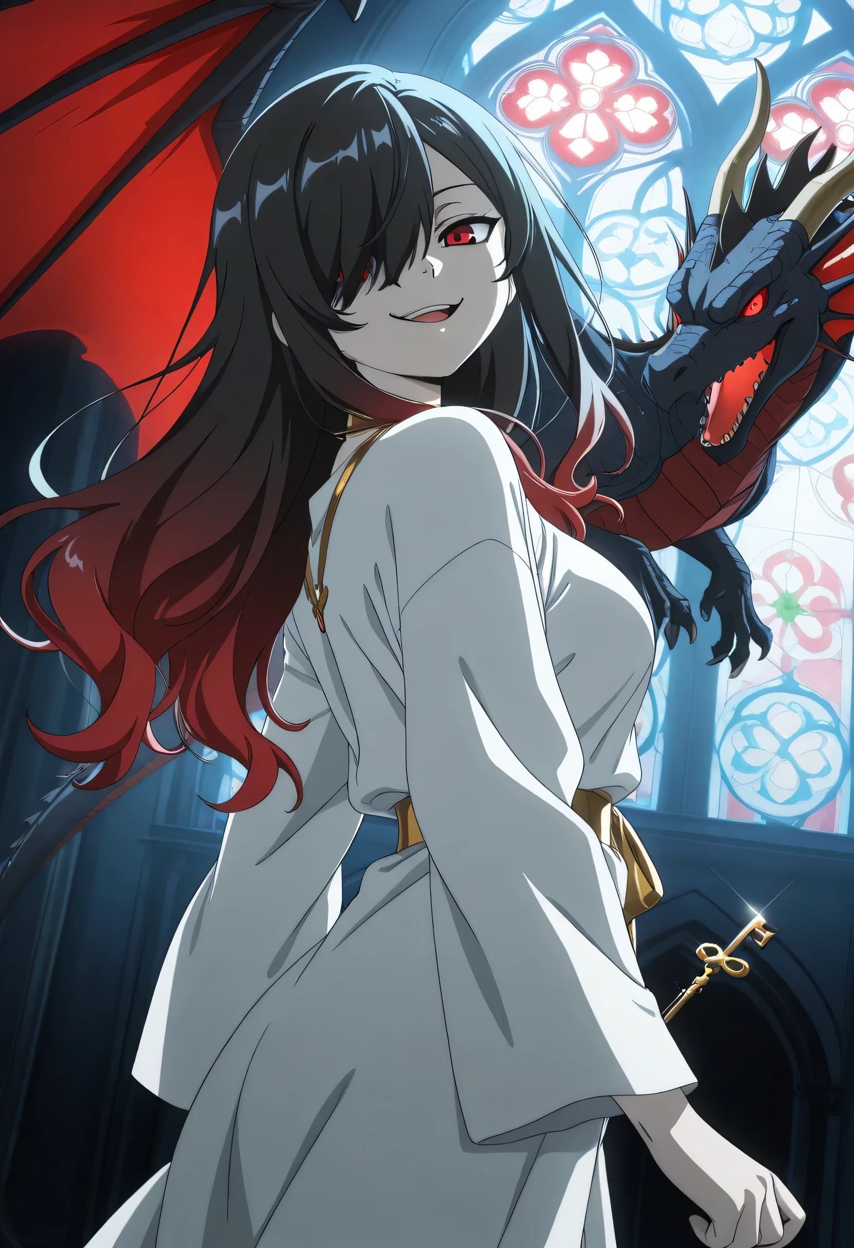 score_9, score_8_up, score_7_up, score_6_up, score_5_up, score_4_up, an anime girl with enchanted red ominous book, , (gold accessory) 1girl, Kuroki Monika, red eyes, gradient hair, black hair, red hair, long hair, asymmetrical hairline, hair over right eye, medium breasts, , flying, solo, looking at viewer, at dark library, stained glass, (open mouth:0.7), cinematic composition, epic composition, white robe, brave, smirk, open mouth, black dragon,
cinematic angle, detailed shadows,
detailed body, anime artwork, anime style, key visual, studio anime, highly detailed,
anime coloring, masterpiece, best quality,
from side, ,clear line, highquality, best quality, Masterpiece,